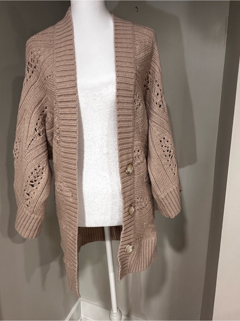 Club Monaco Taupe Open-Front Knit Cardigan with Buttons. Size M